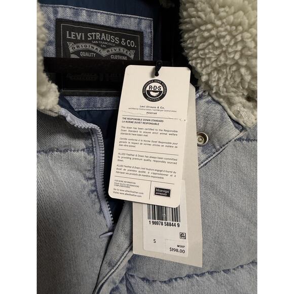 Levis Strauss Jacket Mens Small Light Wash Denim Down Puffer Coat RDS Warm - Picture 3 of 14
